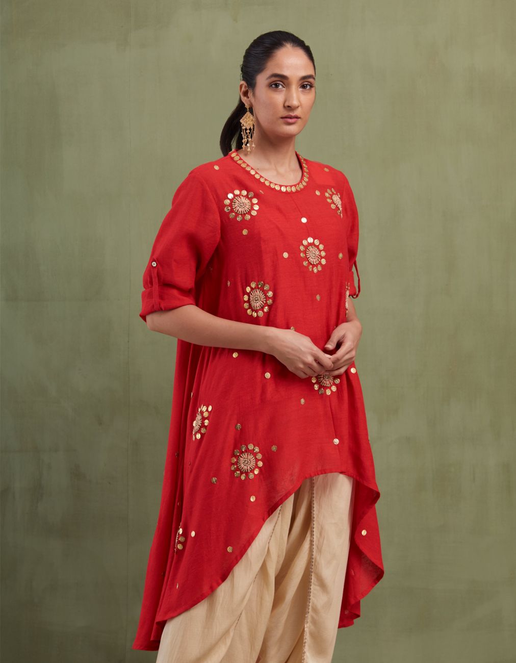 Red-Gold Asymmetrical Dhoti Set - Indian Clothing in Denver, CO, Aurora, CO, Boulder, CO, Fort Collins, CO, Colorado Springs, CO, Parker, CO, Highlands Ranch, CO, Cherry Creek, CO, Centennial, CO, and Longmont, CO. Nationwide shipping USA - India Fashion X
