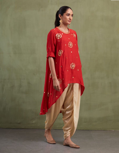 Red-Gold Asymmetrical Dhoti Set - Indian Clothing in Denver, CO, Aurora, CO, Boulder, CO, Fort Collins, CO, Colorado Springs, CO, Parker, CO, Highlands Ranch, CO, Cherry Creek, CO, Centennial, CO, and Longmont, CO. Nationwide shipping USA - India Fashion X