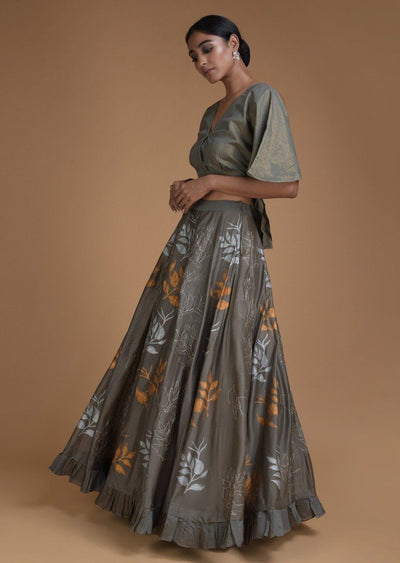 Lehenga In Grey with Crop Top in Foil Printed Leaf Motifs - Indian Clothing in Denver, CO, Aurora, CO, Boulder, CO, Fort Collins, CO, Colorado Springs, CO, Parker, CO, Highlands Ranch, CO, Cherry Creek, CO, Centennial, CO, and Longmont, CO. Nationwide shipping USA - India Fashion X