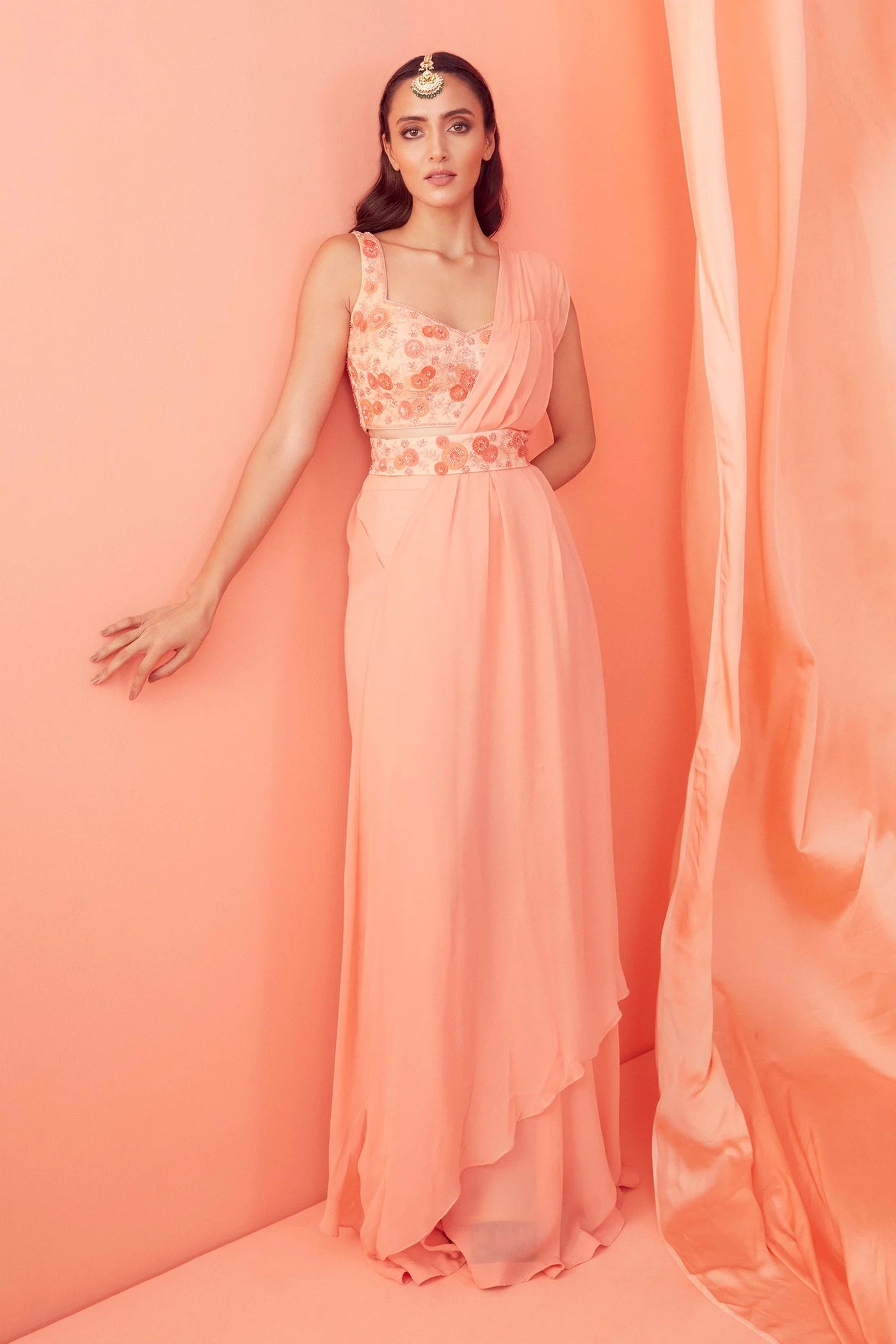 Peach Floral Pre-draped Saree - Indian Clothing in Denver, CO, Aurora, CO, Boulder, CO, Fort Collins, CO, Colorado Springs, CO, Parker, CO, Highlands Ranch, CO, Cherry Creek, CO, Centennial, CO, and Longmont, CO. Nationwide shipping USA - India Fashion X