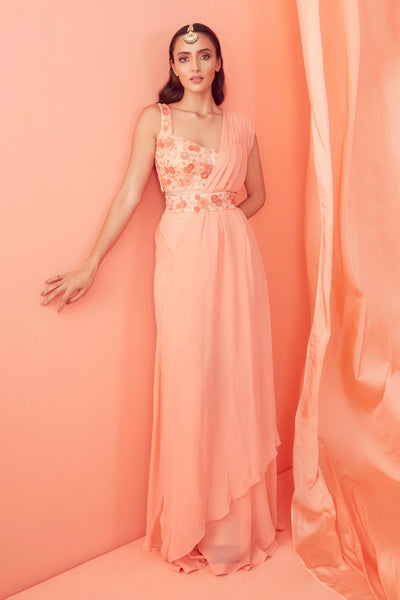 Peach Floral Pre-draped Saree - Indian Clothing in Denver, CO, Aurora, CO, Boulder, CO, Fort Collins, CO, Colorado Springs, CO, Parker, CO, Highlands Ranch, CO, Cherry Creek, CO, Centennial, CO, and Longmont, CO. Nationwide shipping USA - India Fashion X