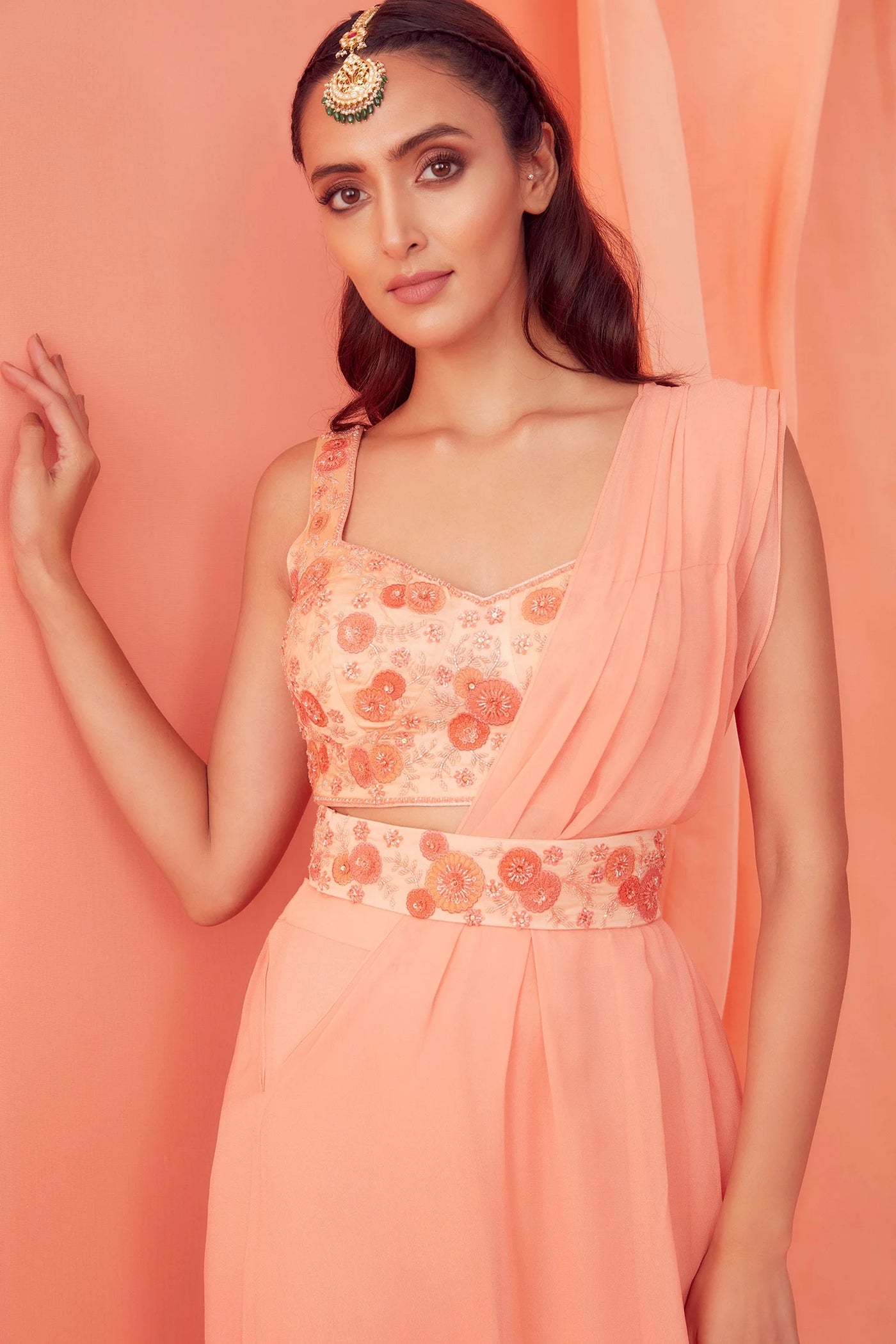 Peach Floral Pre-draped Saree - Indian Clothing in Denver, CO, Aurora, CO, Boulder, CO, Fort Collins, CO, Colorado Springs, CO, Parker, CO, Highlands Ranch, CO, Cherry Creek, CO, Centennial, CO, and Longmont, CO. Nationwide shipping USA - India Fashion X