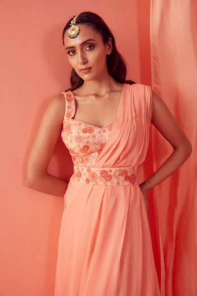 Peach Floral Pre-draped Saree - Indian Clothing in Denver, CO, Aurora, CO, Boulder, CO, Fort Collins, CO, Colorado Springs, CO, Parker, CO, Highlands Ranch, CO, Cherry Creek, CO, Centennial, CO, and Longmont, CO. Nationwide shipping USA - India Fashion X