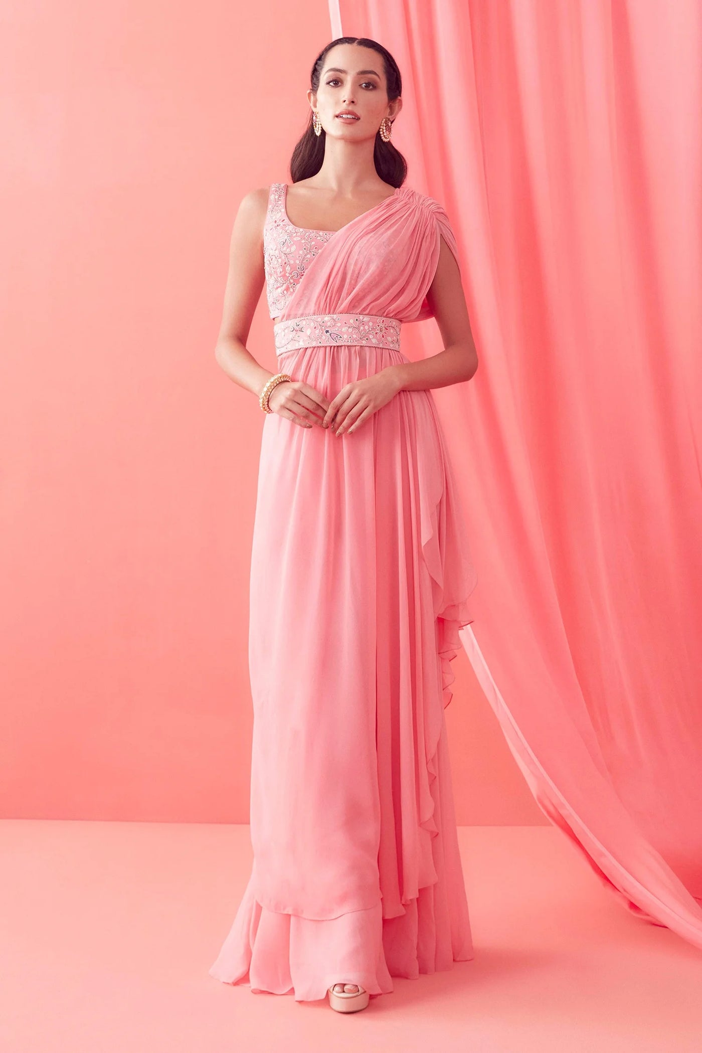 Soft Pink Pre-draped Saree - Indian Clothing in Denver, CO, Aurora, CO, Boulder, CO, Fort Collins, CO, Colorado Springs, CO, Parker, CO, Highlands Ranch, CO, Cherry Creek, CO, Centennial, CO, and Longmont, CO. Nationwide shipping USA - India Fashion X