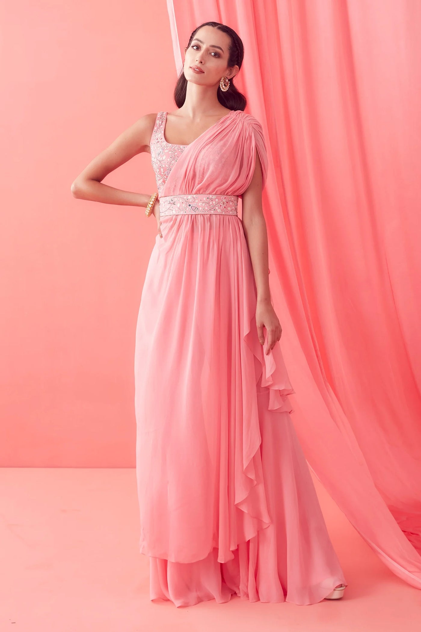 Soft Pink Pre-draped Saree - Indian Clothing in Denver, CO, Aurora, CO, Boulder, CO, Fort Collins, CO, Colorado Springs, CO, Parker, CO, Highlands Ranch, CO, Cherry Creek, CO, Centennial, CO, and Longmont, CO. Nationwide shipping USA - India Fashion X