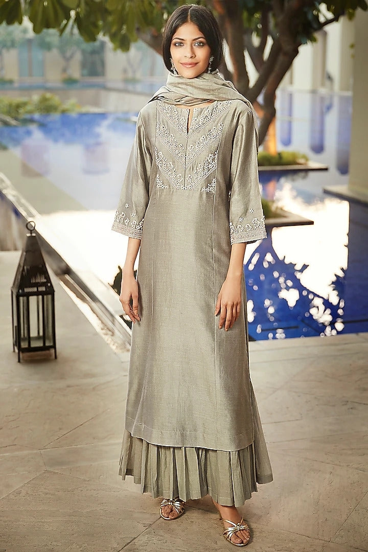 Gray Flared Sharara Set - Indian Clothing in Denver, CO, Aurora, CO, Boulder, CO, Fort Collins, CO, Colorado Springs, CO, Parker, CO, Highlands Ranch, CO, Cherry Creek, CO, Centennial, CO, and Longmont, CO. Nationwide shipping USA - India Fashion X