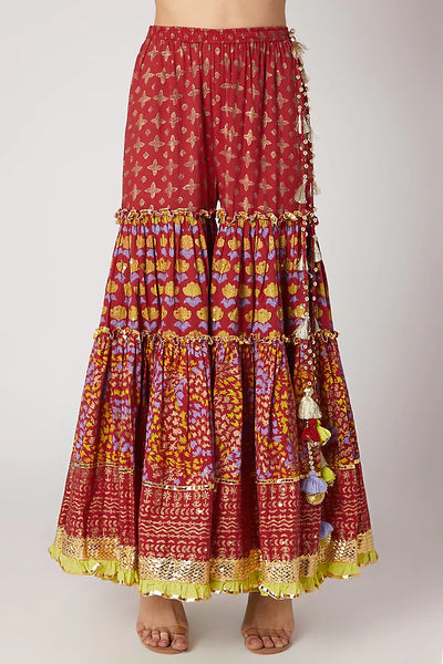 Red Ethnic Print Sharara Set - Indian Clothing in Denver, CO, Aurora, CO, Boulder, CO, Fort Collins, CO, Colorado Springs, CO, Parker, CO, Highlands Ranch, CO, Cherry Creek, CO, Centennial, CO, and Longmont, CO. Nationwide shipping USA - India Fashion X