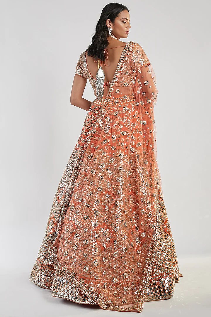 Orange Mirror Work Lehenga Set - Indian Clothing in Denver, CO, Aurora, CO, Boulder, CO, Fort Collins, CO, Colorado Springs, CO, Parker, CO, Highlands Ranch, CO, Cherry Creek, CO, Centennial, CO, and Longmont, CO. Nationwide shipping USA - India Fashion X