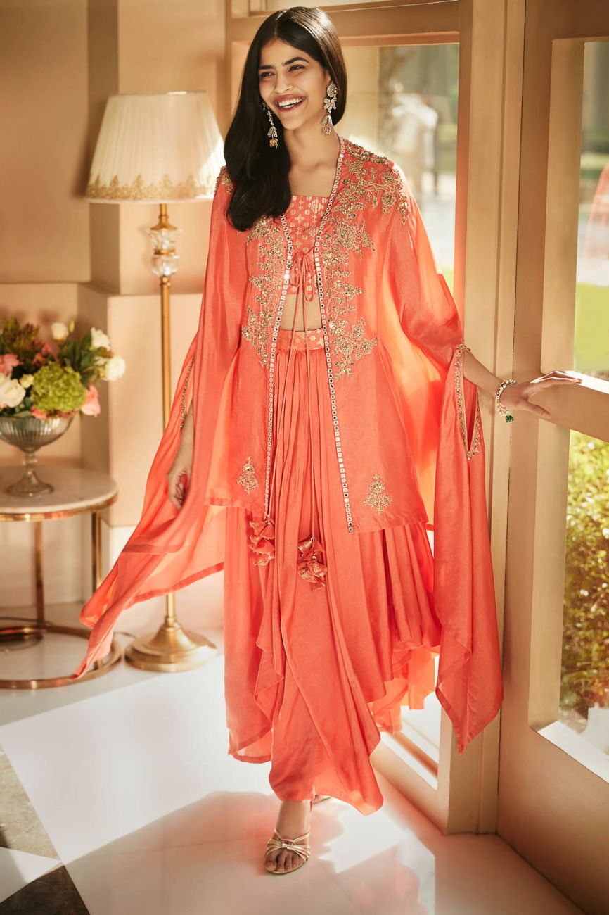 Hibiscus Coral Cape Skirt Set - Indian Clothing in Denver, CO, Aurora, CO, Boulder, CO, Fort Collins, CO, Colorado Springs, CO, Parker, CO, Highlands Ranch, CO, Cherry Creek, CO, Centennial, CO, and Longmont, CO. Nationwide shipping USA - India Fashion X