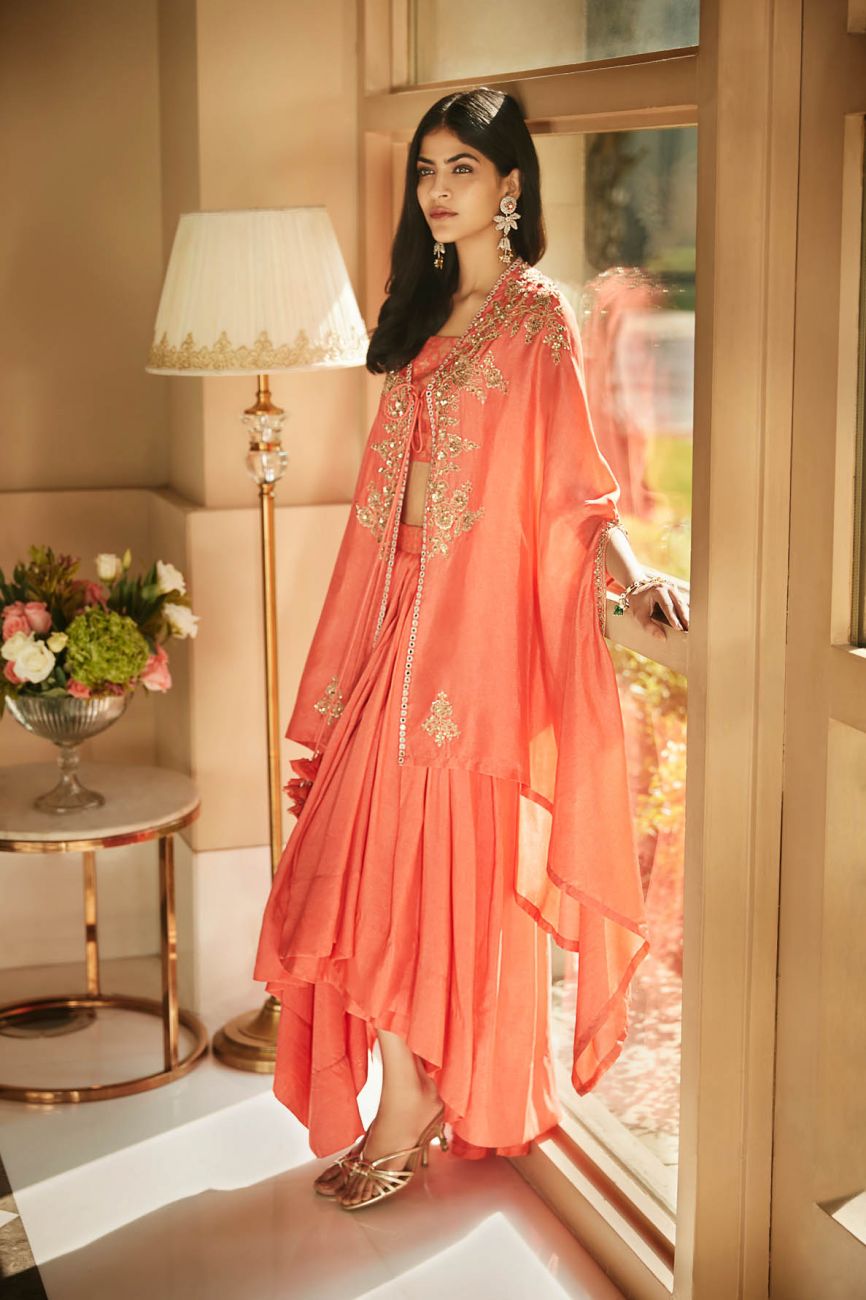 Hibiscus Coral Cape Skirt Set - Indian Clothing in Denver, CO, Aurora, CO, Boulder, CO, Fort Collins, CO, Colorado Springs, CO, Parker, CO, Highlands Ranch, CO, Cherry Creek, CO, Centennial, CO, and Longmont, CO. Nationwide shipping USA - India Fashion X