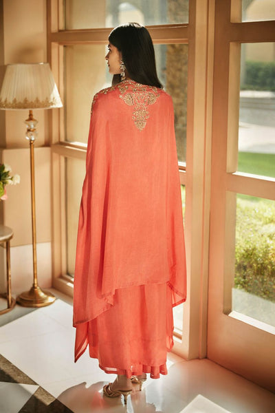 Hibiscus Coral Cape Skirt Set - Indian Clothing in Denver, CO, Aurora, CO, Boulder, CO, Fort Collins, CO, Colorado Springs, CO, Parker, CO, Highlands Ranch, CO, Cherry Creek, CO, Centennial, CO, and Longmont, CO. Nationwide shipping USA - India Fashion X