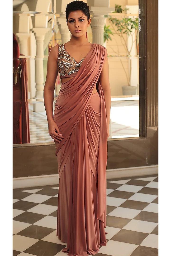 Onion Pink Draped Saree Set - Indian Clothing in Denver, CO, Aurora, CO, Boulder, CO, Fort Collins, CO, Colorado Springs, CO, Parker, CO, Highlands Ranch, CO, Cherry Creek, CO, Centennial, CO, and Longmont, CO. Nationwide shipping USA - India Fashion X