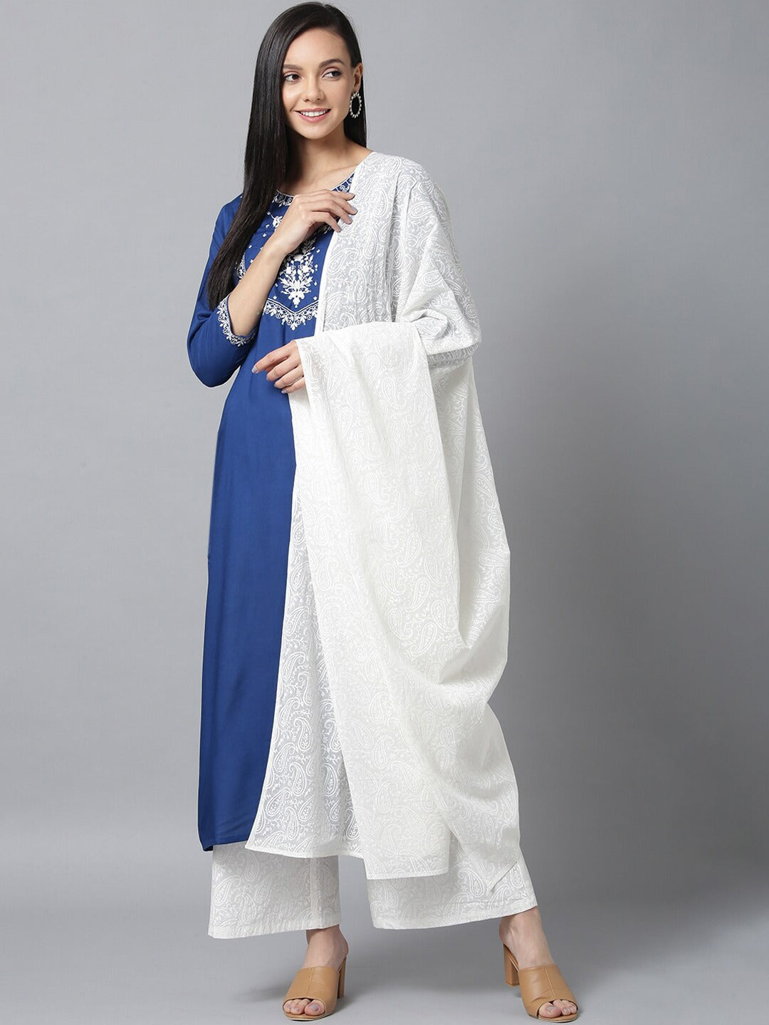 Kurta Palazzo in Blue  & White Yoke - Indian Clothing in Denver, CO, Aurora, CO, Boulder, CO, Fort Collins, CO, Colorado Springs, CO, Parker, CO, Highlands Ranch, CO, Cherry Creek, CO, Centennial, CO, and Longmont, CO. Nationwide shipping USA - India Fashion X