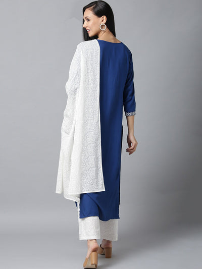 Kurta Palazzo in Blue  & White Yoke - Indian Clothing in Denver, CO, Aurora, CO, Boulder, CO, Fort Collins, CO, Colorado Springs, CO, Parker, CO, Highlands Ranch, CO, Cherry Creek, CO, Centennial, CO, and Longmont, CO. Nationwide shipping USA - India Fashion X