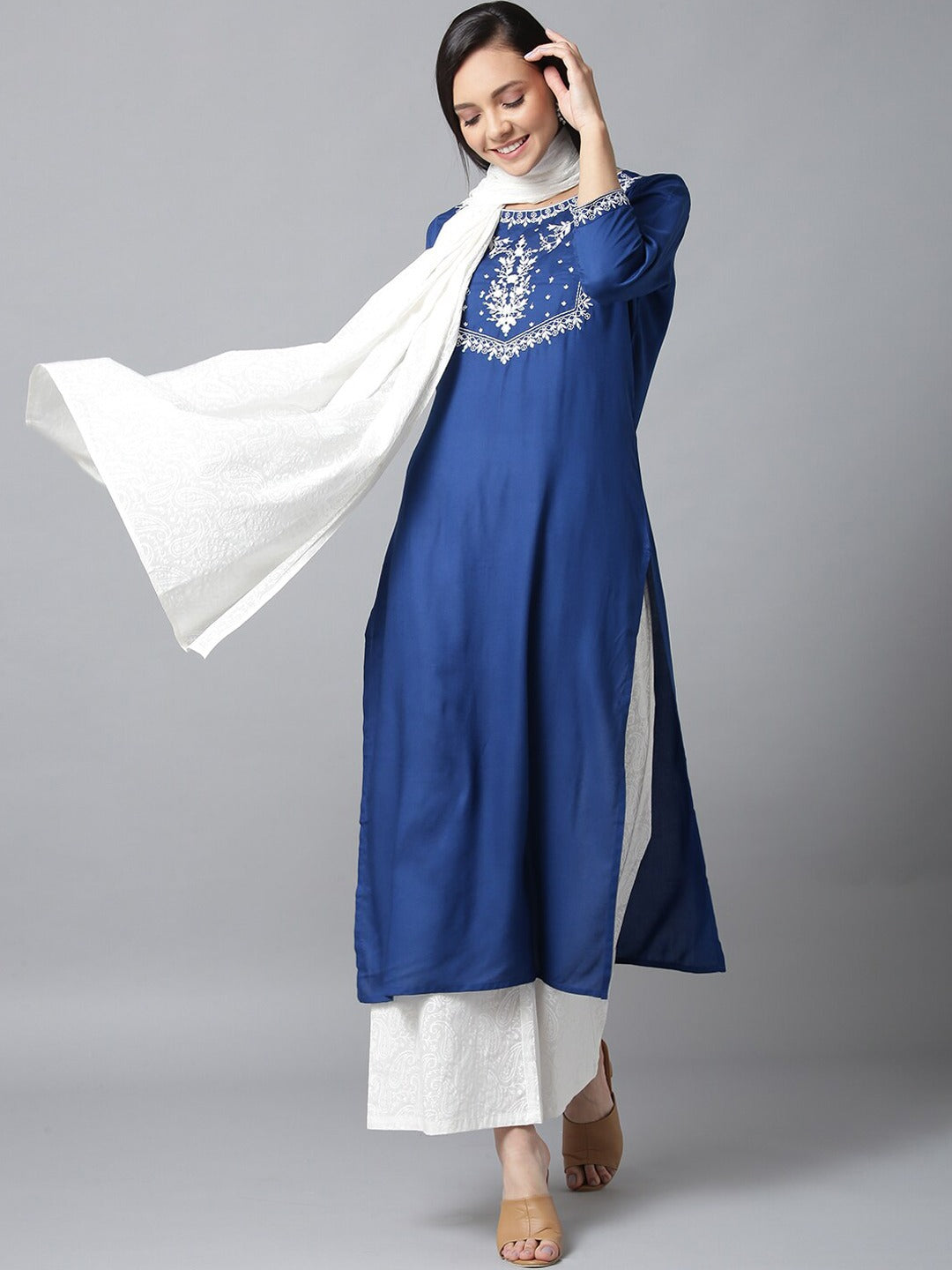 Kurta Palazzo in Blue  & White Yoke - Indian Clothing in Denver, CO, Aurora, CO, Boulder, CO, Fort Collins, CO, Colorado Springs, CO, Parker, CO, Highlands Ranch, CO, Cherry Creek, CO, Centennial, CO, and Longmont, CO. Nationwide shipping USA - India Fashion X
