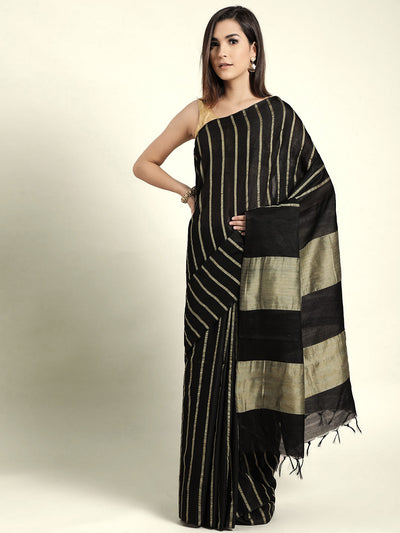Black and Beige Striped Saree - Indian Clothing in Denver, CO, Aurora, CO, Boulder, CO, Fort Collins, CO, Colorado Springs, CO, Parker, CO, Highlands Ranch, CO, Cherry Creek, CO, Centennial, CO, and Longmont, CO. Nationwide shipping USA - India Fashion X