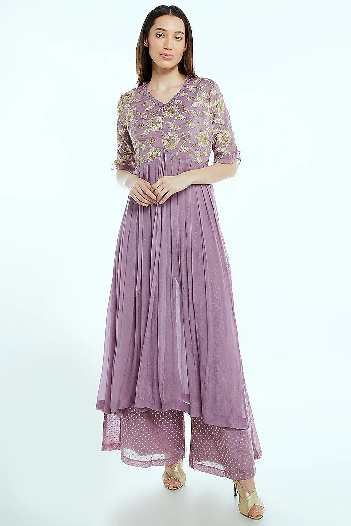 Lilac Kurta Farshi Pants Set - Indian Clothing in Denver, CO, Aurora, CO, Boulder, CO, Fort Collins, CO, Colorado Springs, CO, Parker, CO, Highlands Ranch, CO, Cherry Creek, CO, Centennial, CO, and Longmont, CO. Nationwide shipping USA - India Fashion X