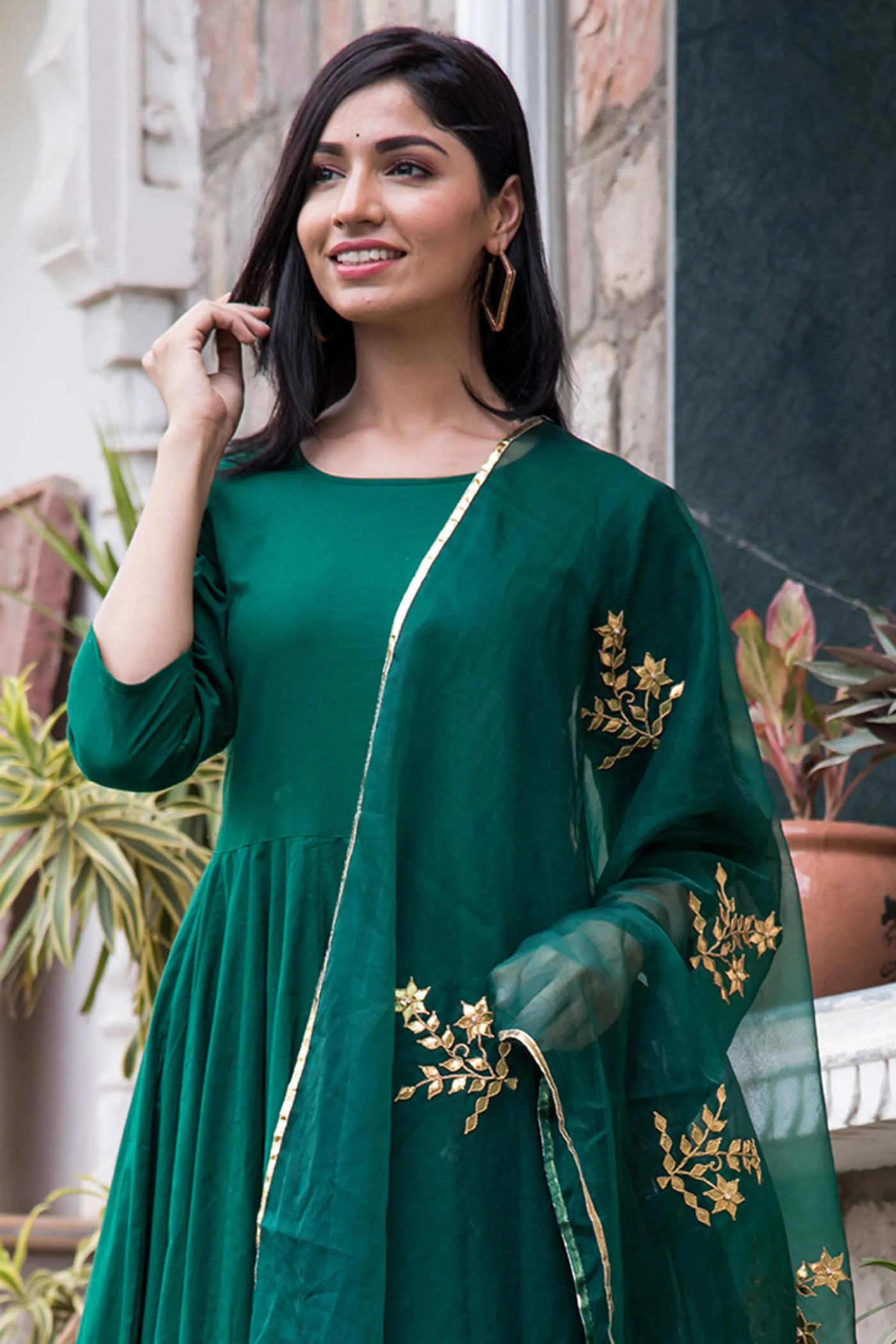 Green Cotton Mul Anarkali Set - Indian Clothing in Denver, CO, Aurora, CO, Boulder, CO, Fort Collins, CO, Colorado Springs, CO, Parker, CO, Highlands Ranch, CO, Cherry Creek, CO, Centennial, CO, and Longmont, CO. Nationwide shipping USA - India Fashion X