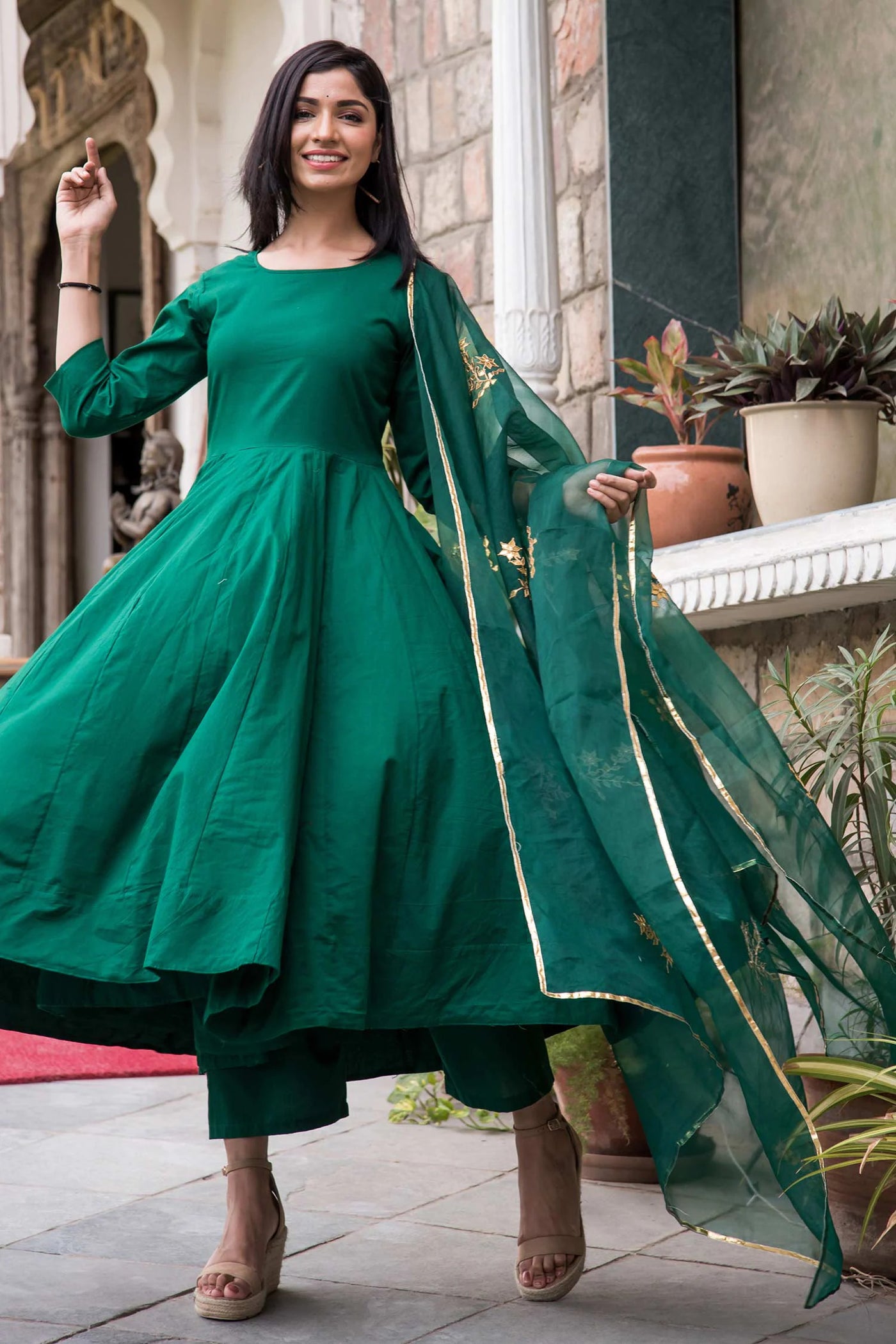 Green Cotton Mul Anarkali Set - Indian Clothing in Denver, CO, Aurora, CO, Boulder, CO, Fort Collins, CO, Colorado Springs, CO, Parker, CO, Highlands Ranch, CO, Cherry Creek, CO, Centennial, CO, and Longmont, CO. Nationwide shipping USA - India Fashion X
