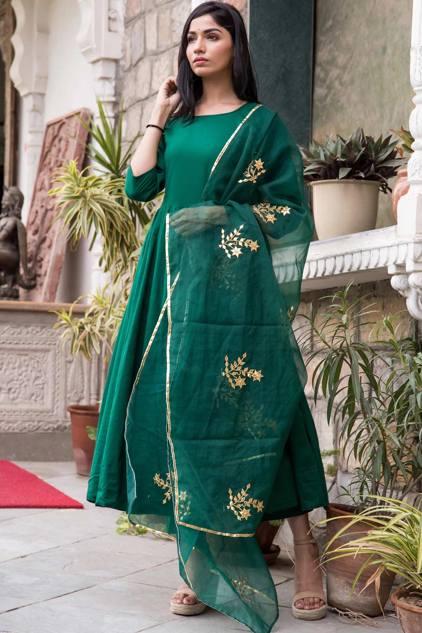 Green Cotton Mul Anarkali Set - Indian Clothing in Denver, CO, Aurora, CO, Boulder, CO, Fort Collins, CO, Colorado Springs, CO, Parker, CO, Highlands Ranch, CO, Cherry Creek, CO, Centennial, CO, and Longmont, CO. Nationwide shipping USA - India Fashion X