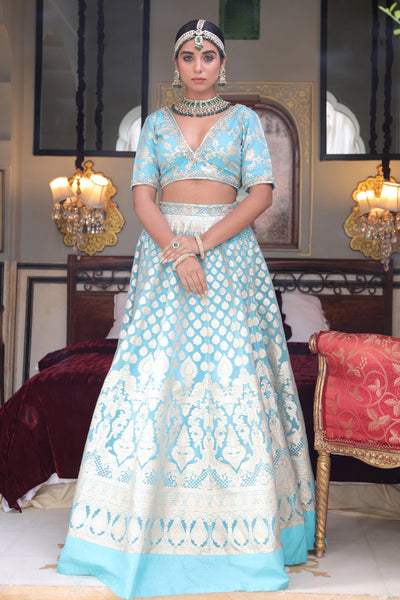 Blue Banarasi Lehenga Set - Indian Clothing in Denver, CO, Aurora, CO, Boulder, CO, Fort Collins, CO, Colorado Springs, CO, Parker, CO, Highlands Ranch, CO, Cherry Creek, CO, Centennial, CO, and Longmont, CO. Nationwide shipping USA - India Fashion X