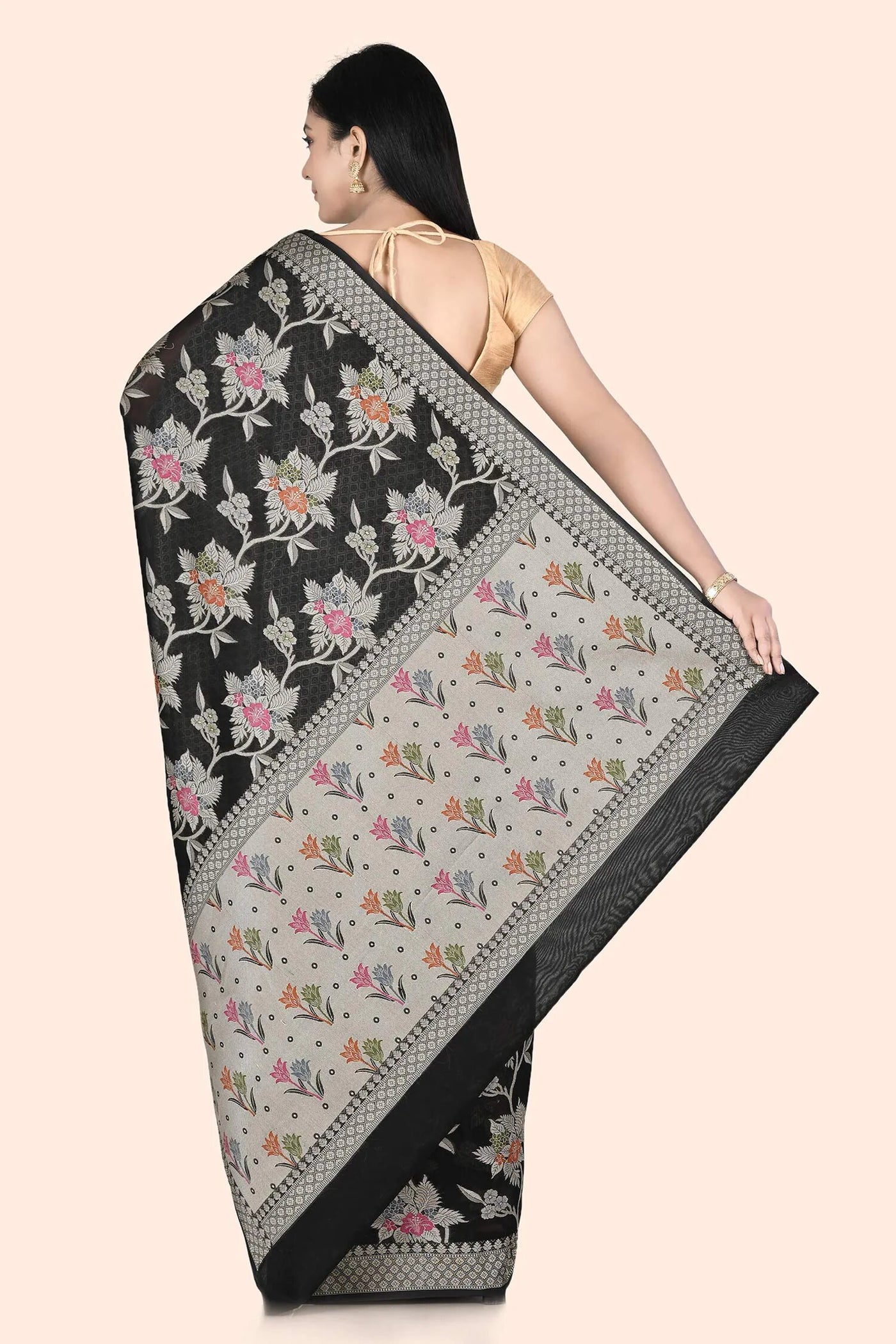 Black Floral Banarasi Saree - Indian Clothing in Denver, CO, Aurora, CO, Boulder, CO, Fort Collins, CO, Colorado Springs, CO, Parker, CO, Highlands Ranch, CO, Cherry Creek, CO, Centennial, CO, and Longmont, CO. Nationwide shipping USA - India Fashion X