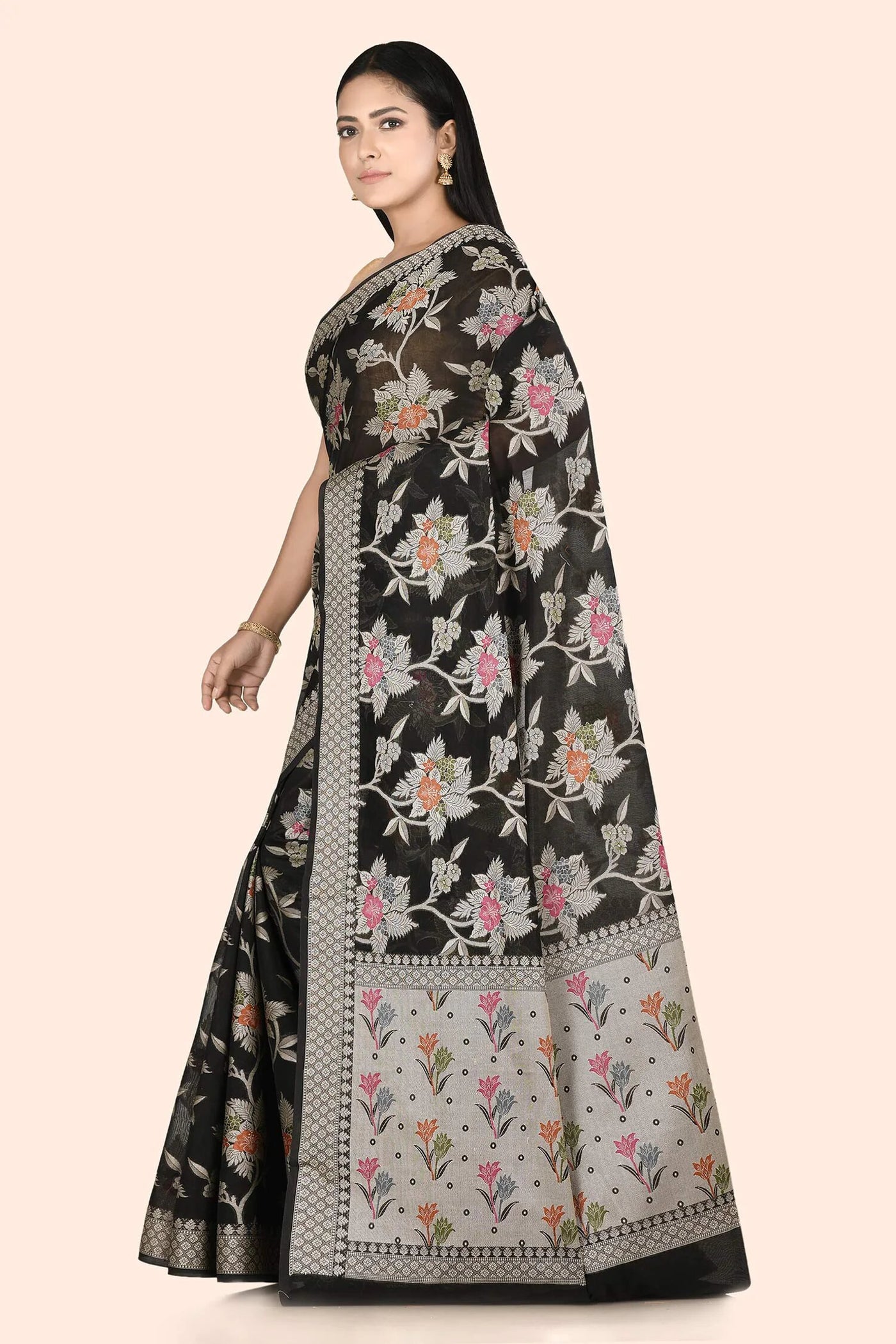 Black Floral Banarasi Saree - Indian Clothing in Denver, CO, Aurora, CO, Boulder, CO, Fort Collins, CO, Colorado Springs, CO, Parker, CO, Highlands Ranch, CO, Cherry Creek, CO, Centennial, CO, and Longmont, CO. Nationwide shipping USA - India Fashion X