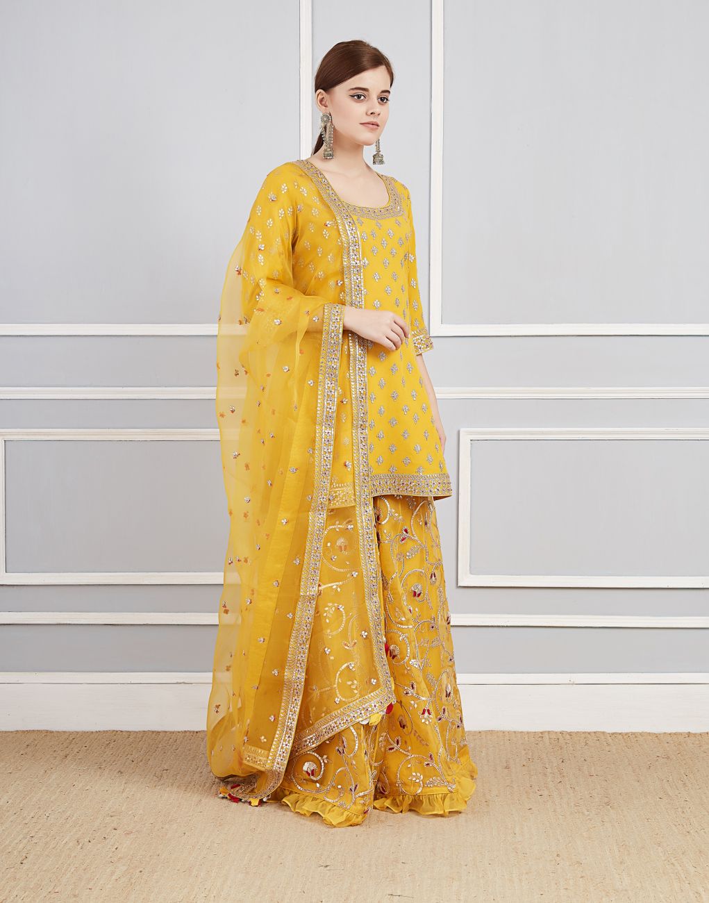 Yellow Organza Sharara Set Indian Clothing in Denver, CO, Aurora, CO, Boulder, CO, Fort Collins, CO, Colorado Springs, CO, Parker, CO, Highlands Ranch, CO, Cherry Creek, CO, Centennial, CO, and Longmont, CO. NATIONWIDE SHIPPING USA- India Fashion X