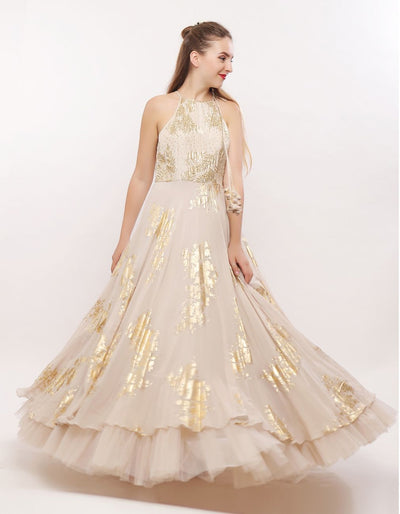 Ivory-Gold Leaf Motif Anarkali - Indian Clothing in Denver, CO, Aurora, CO, Boulder, CO, Fort Collins, CO, Colorado Springs, CO, Parker, CO, Highlands Ranch, CO, Cherry Creek, CO, Centennial, CO, and Longmont, CO. Nationwide shipping USA - India Fashion X