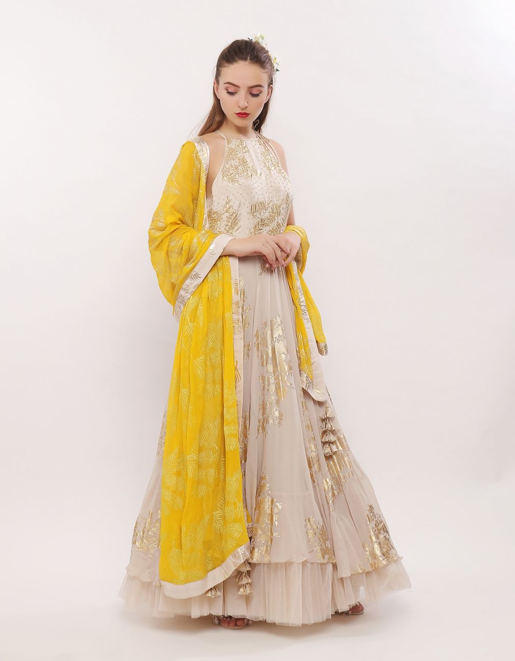 Ivory-Gold Leaf Motif Anarkali - Indian Clothing in Denver, CO, Aurora, CO, Boulder, CO, Fort Collins, CO, Colorado Springs, CO, Parker, CO, Highlands Ranch, CO, Cherry Creek, CO, Centennial, CO, and Longmont, CO. Nationwide shipping USA - India Fashion X