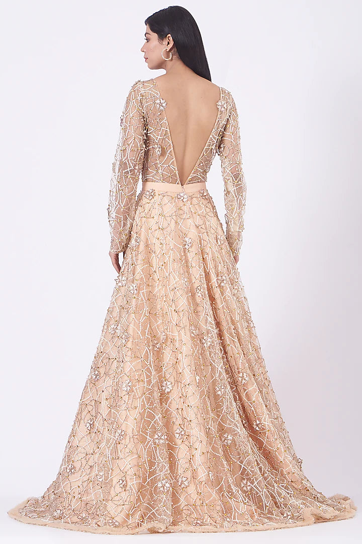 Peach Embroidered Gown- Indian Clothing in Denver, Co and Aurora, CO- India Fashion x 4XL