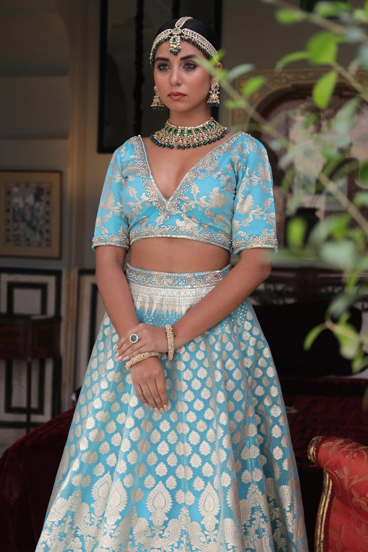 Blue Banarasi Lehenga Set - Indian Clothing in Denver, CO, Aurora, CO, Boulder, CO, Fort Collins, CO, Colorado Springs, CO, Parker, CO, Highlands Ranch, CO, Cherry Creek, CO, Centennial, CO, and Longmont, CO. Nationwide shipping USA - India Fashion X
