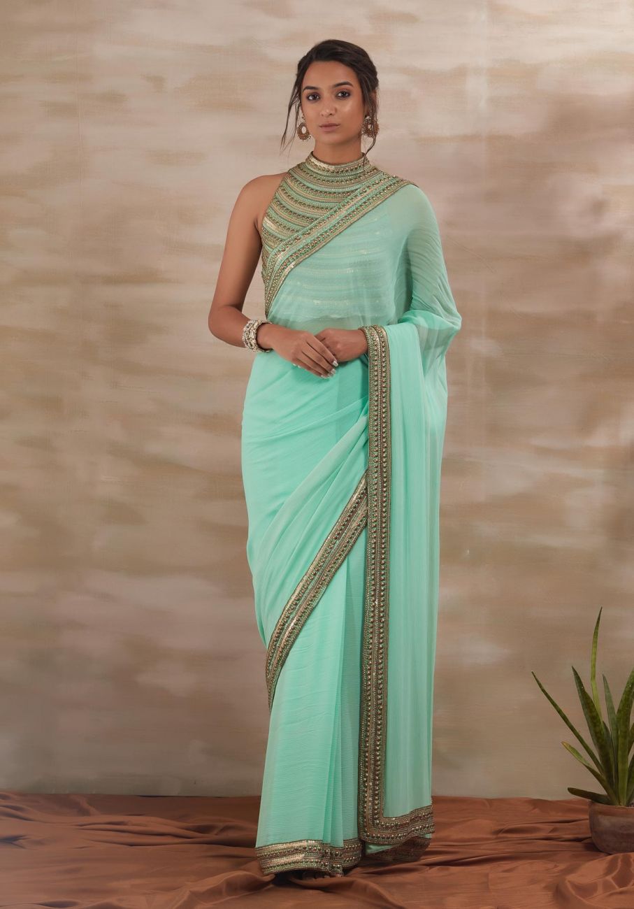 Aqua Metal Stud Saree - Indian Clothing in Denver, CO, Aurora, CO, Boulder, CO, Fort Collins, CO, Colorado Springs, CO, Parker, CO, Highlands Ranch, CO, Cherry Creek, CO, Centennial, CO, and Longmont, CO. Nationwide shipping USA - India Fashion X