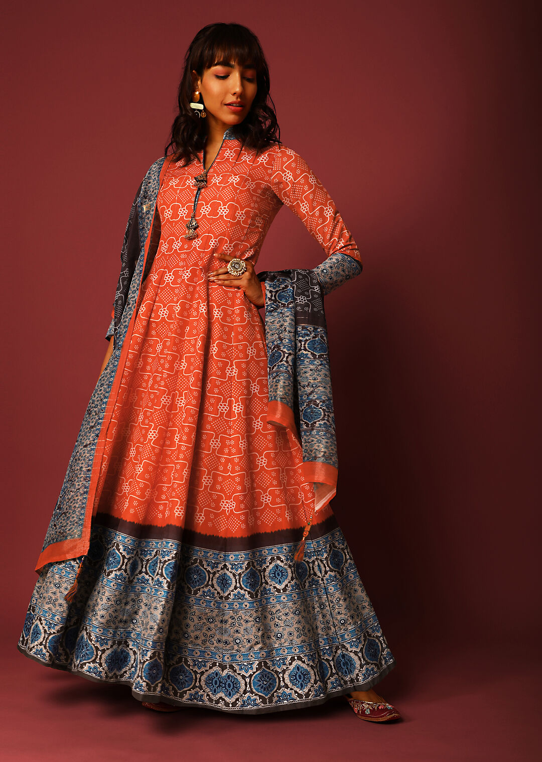 Orange Ethnic Motif Anarkali Indian Clothing in Denver, CO, Aurora, CO, Boulder, CO, Fort Collins, CO, Colorado Springs, CO, Parker, CO, Highlands Ranch, CO, Cherry Creek, CO, Centennial, CO, and Longmont, CO. NATIONWIDE SHIPPING USA- India Fashion X
