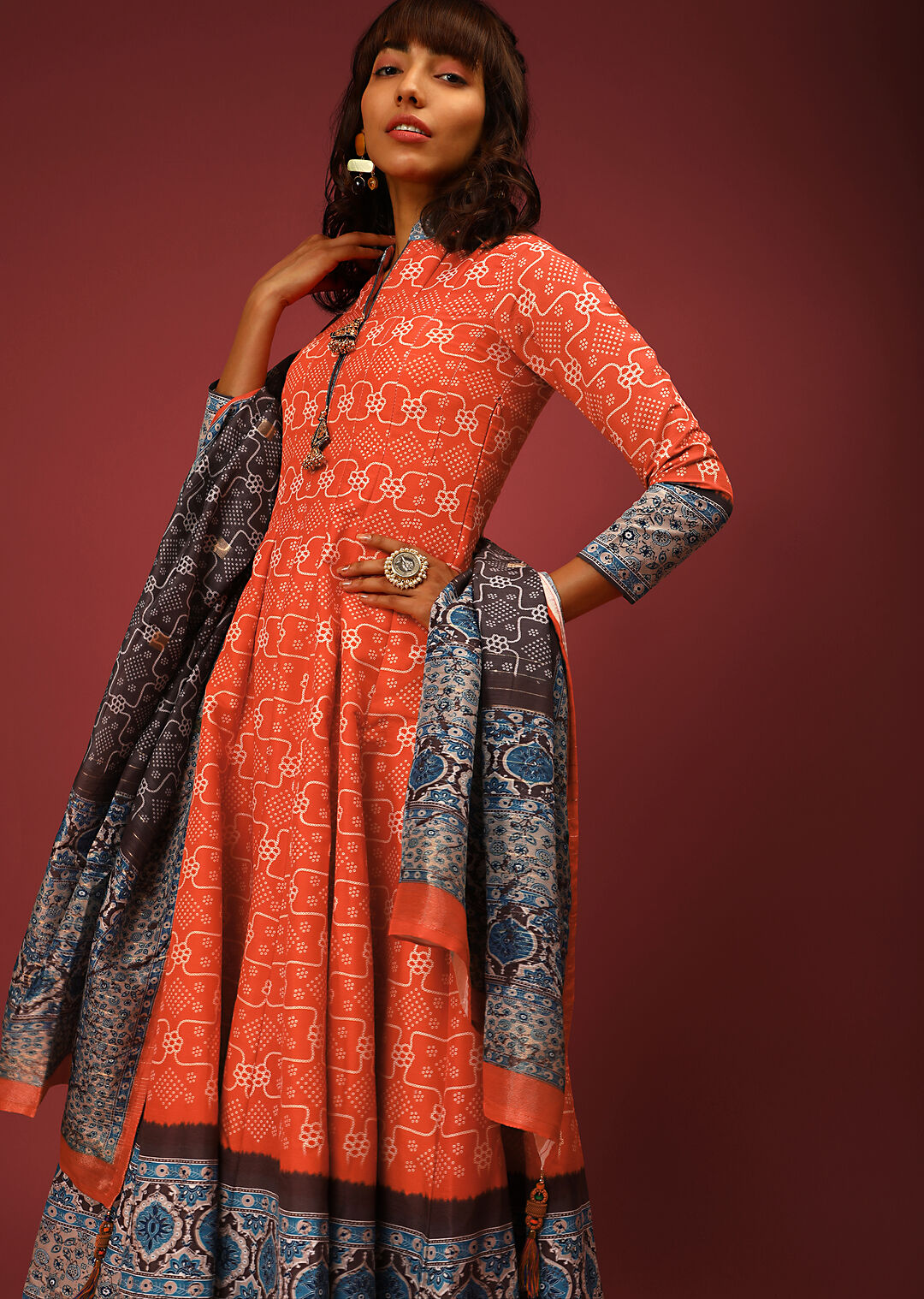 Orange Ethnic Motif Anarkali Indian Clothing in Denver, CO, Aurora, CO, Boulder, CO, Fort Collins, CO, Colorado Springs, CO, Parker, CO, Highlands Ranch, CO, Cherry Creek, CO, Centennial, CO, and Longmont, CO. NATIONWIDE SHIPPING USA- India Fashion X