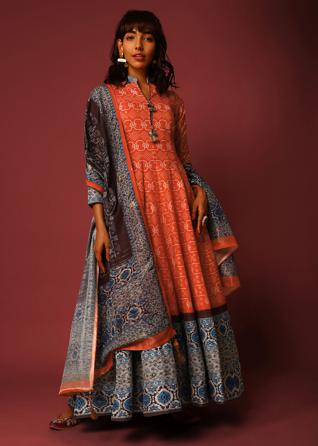 Orange Ethnic Motif Anarkali Indian Clothing in Denver, CO, Aurora, CO, Boulder, CO, Fort Collins, CO, Colorado Springs, CO, Parker, CO, Highlands Ranch, CO, Cherry Creek, CO, Centennial, CO, and Longmont, CO. NATIONWIDE SHIPPING USA- India Fashion X