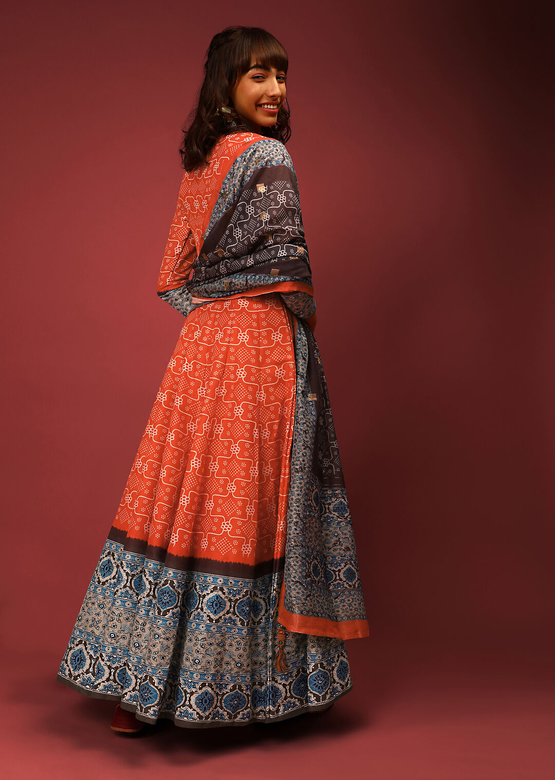 Orange Ethnic Motif Anarkali Indian Clothing in Denver, CO, Aurora, CO, Boulder, CO, Fort Collins, CO, Colorado Springs, CO, Parker, CO, Highlands Ranch, CO, Cherry Creek, CO, Centennial, CO, and Longmont, CO. NATIONWIDE SHIPPING USA- India Fashion X