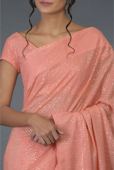 Saree in Peach Rose Pink Featured in Crepe - Indian Clothing in Denver, CO, Aurora, CO, Boulder, CO, Fort Collins, CO, Colorado Springs, CO, Parker, CO, Highlands Ranch, CO, Cherry Creek, CO, Centennial, CO, and Longmont, CO. Nationwide shipping USA - India Fashion X