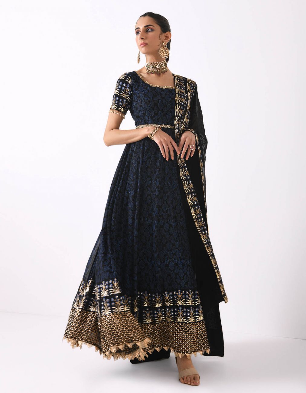 Black-Blue Bordered Anarkali - Indian Clothing in Denver, CO, Aurora, CO, Boulder, CO, Fort Collins, CO, Colorado Springs, CO, Parker, CO, Highlands Ranch, CO, Cherry Creek, CO, Centennial, CO, and Longmont, CO. Nationwide shipping USA - India Fashion X