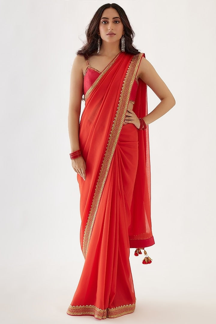 Coral Gajjiri Embroidered Saree Set Indian Clothing in Denver, CO, Aurora, CO, Boulder, CO, Fort Collins, CO, Colorado Springs, CO, Parker, CO, Highlands Ranch, CO, Cherry Creek, CO, Centennial, CO, and Longmont, CO. NATIONWIDE SHIPPING USA- India Fashion X