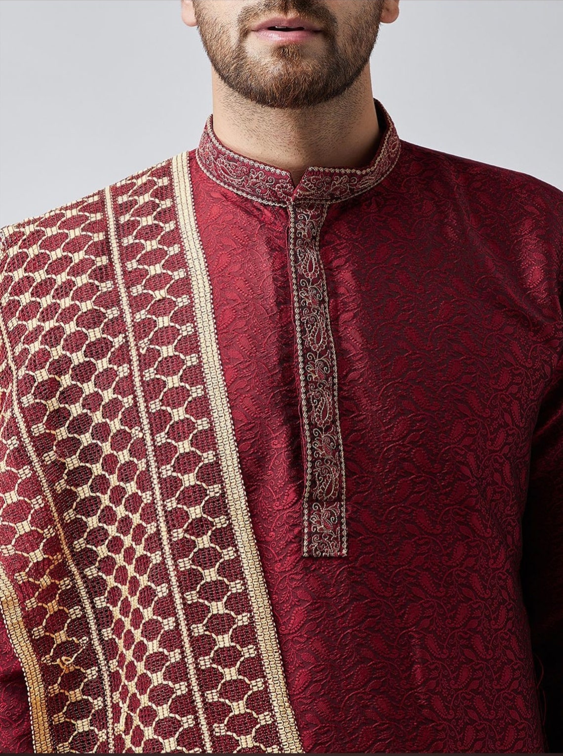 Dupatta Stole for Men- Maroon/Gold Indian Clothing in Denver, CO, Aurora, CO, Boulder, CO, Fort Collins, CO, Colorado Springs, CO, Parker, CO, Highlands Ranch, CO, Cherry Creek, CO, Centennial, CO, and Longmont, CO. NATIONWIDE SHIPPING USA- India Fashion X