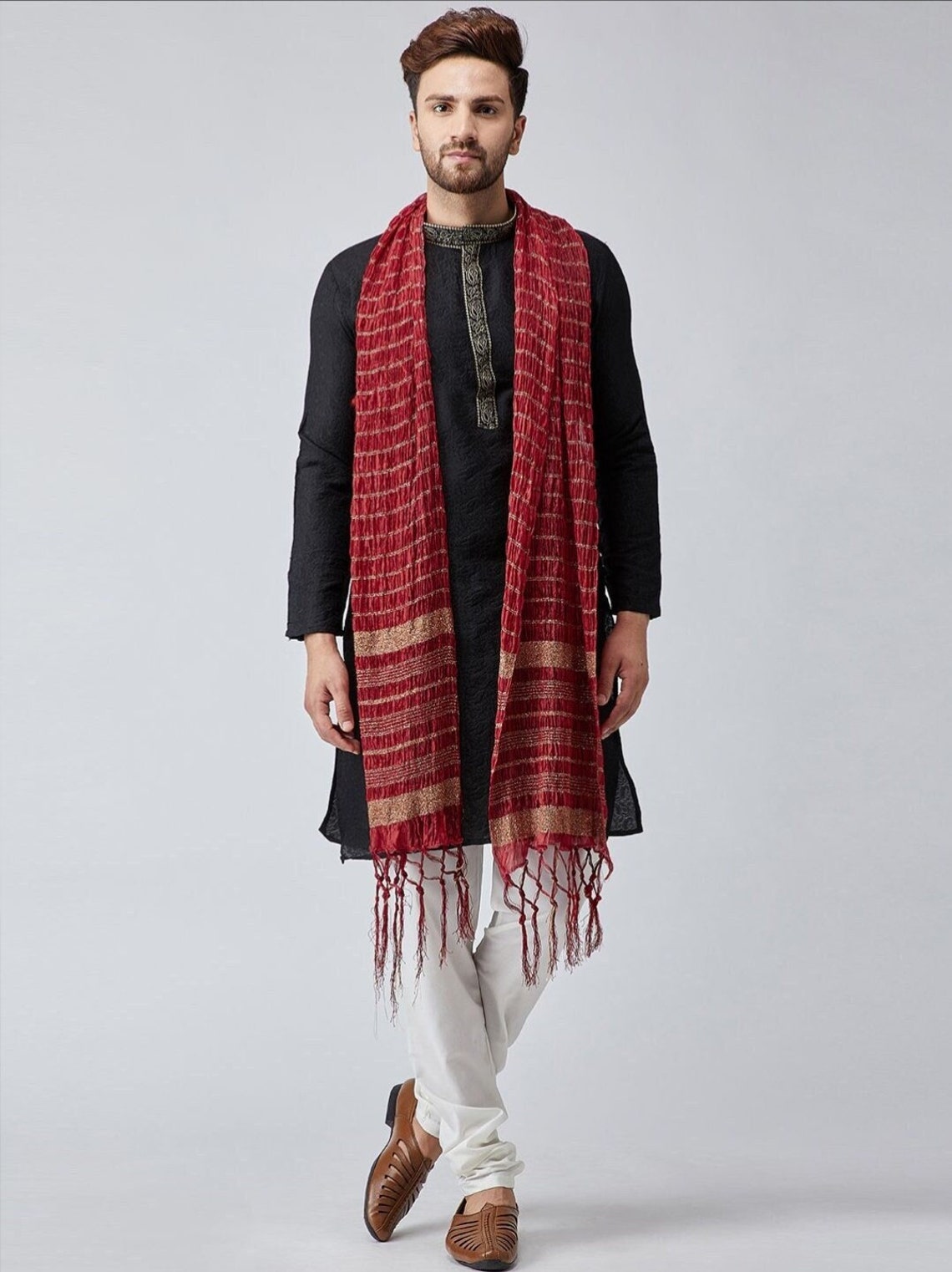 Dupatta Stole for Men- Maroon Indian Clothing in Denver, CO, Aurora, CO, Boulder, CO, Fort Collins, CO, Colorado Springs, CO, Parker, CO, Highlands Ranch, CO, Cherry Creek, CO, Centennial, CO, and Longmont, CO. NATIONWIDE SHIPPING USA- India Fashion X