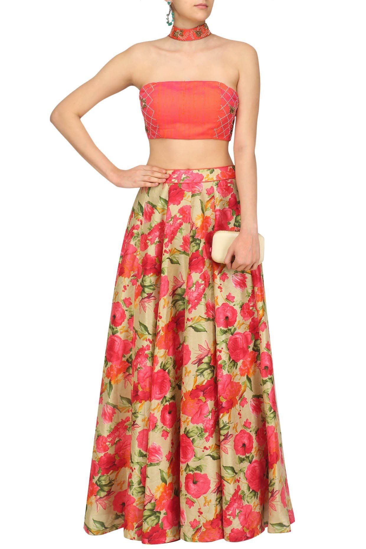 Coral Floral Lehenga Set - Indian Clothing in Denver, CO, Aurora, CO, Boulder, CO, Fort Collins, CO, Colorado Springs, CO, Parker, CO, Highlands Ranch, CO, Cherry Creek, CO, Centennial, CO, and Longmont, CO. Nationwide shipping USA - India Fashion X