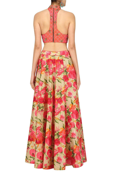 Coral Floral Lehenga Set - Indian Clothing in Denver, CO, Aurora, CO, Boulder, CO, Fort Collins, CO, Colorado Springs, CO, Parker, CO, Highlands Ranch, CO, Cherry Creek, CO, Centennial, CO, and Longmont, CO. Nationwide shipping USA - India Fashion X