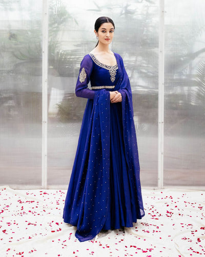 Oriental Blue Embroidered Anarkali - Indian Clothing in Denver, CO, Aurora, CO, Boulder, CO, Fort Collins, CO, Colorado Springs, CO, Parker, CO, Highlands Ranch, CO, Cherry Creek, CO, Centennial, CO, and Longmont, CO. Nationwide shipping USA - India Fashion X