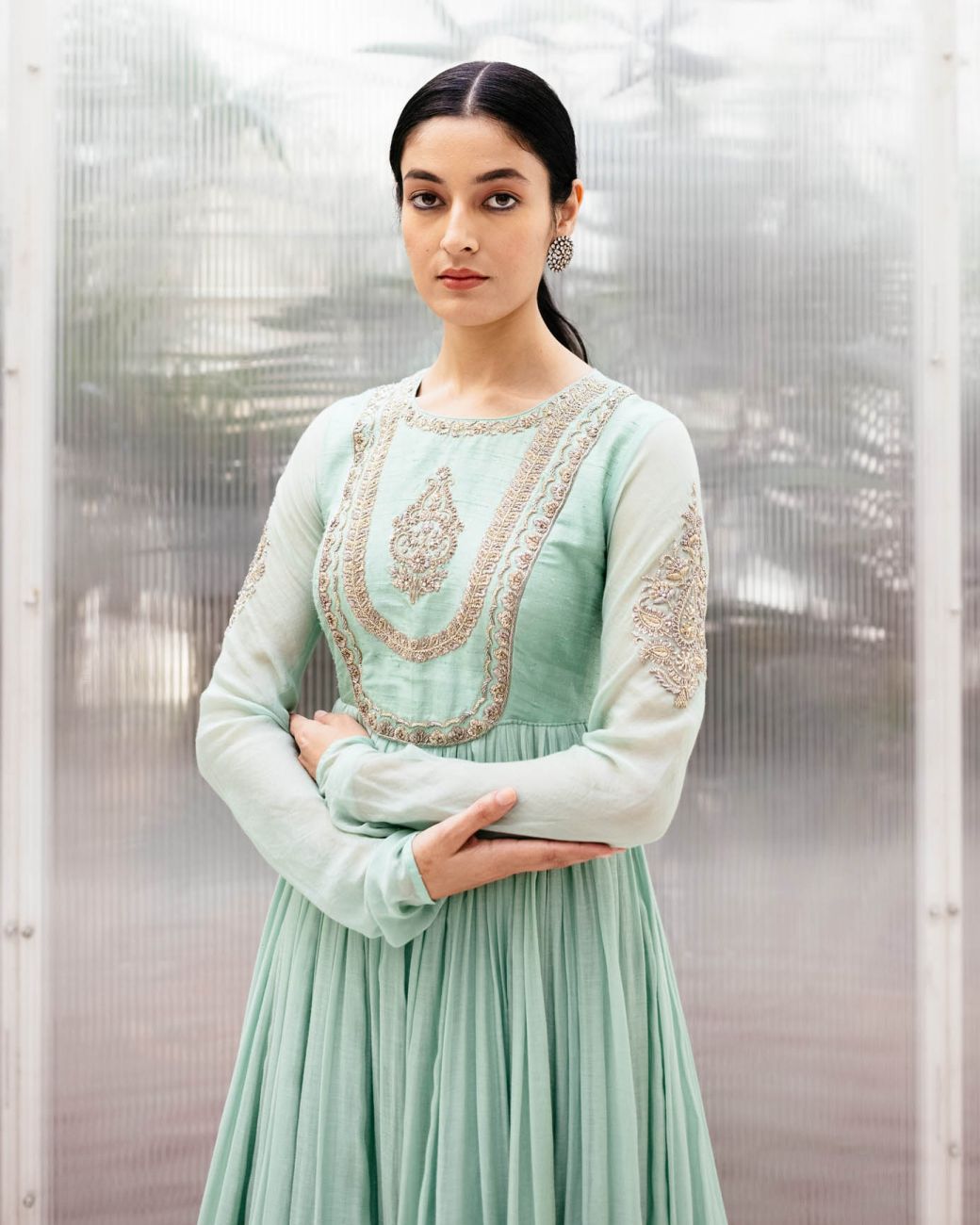 Mint Chanderi Embroidered Anarkali - Indian Clothing in Denver, CO, Aurora, CO, Boulder, CO, Fort Collins, CO, Colorado Springs, CO, Parker, CO, Highlands Ranch, CO, Cherry Creek, CO, Centennial, CO, and Longmont, CO. Nationwide shipping USA - India Fashion X