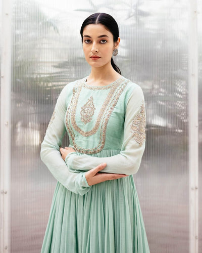 Mint Chanderi Embroidered Anarkali - Indian Clothing in Denver, CO, Aurora, CO, Boulder, CO, Fort Collins, CO, Colorado Springs, CO, Parker, CO, Highlands Ranch, CO, Cherry Creek, CO, Centennial, CO, and Longmont, CO. Nationwide shipping USA - India Fashion X