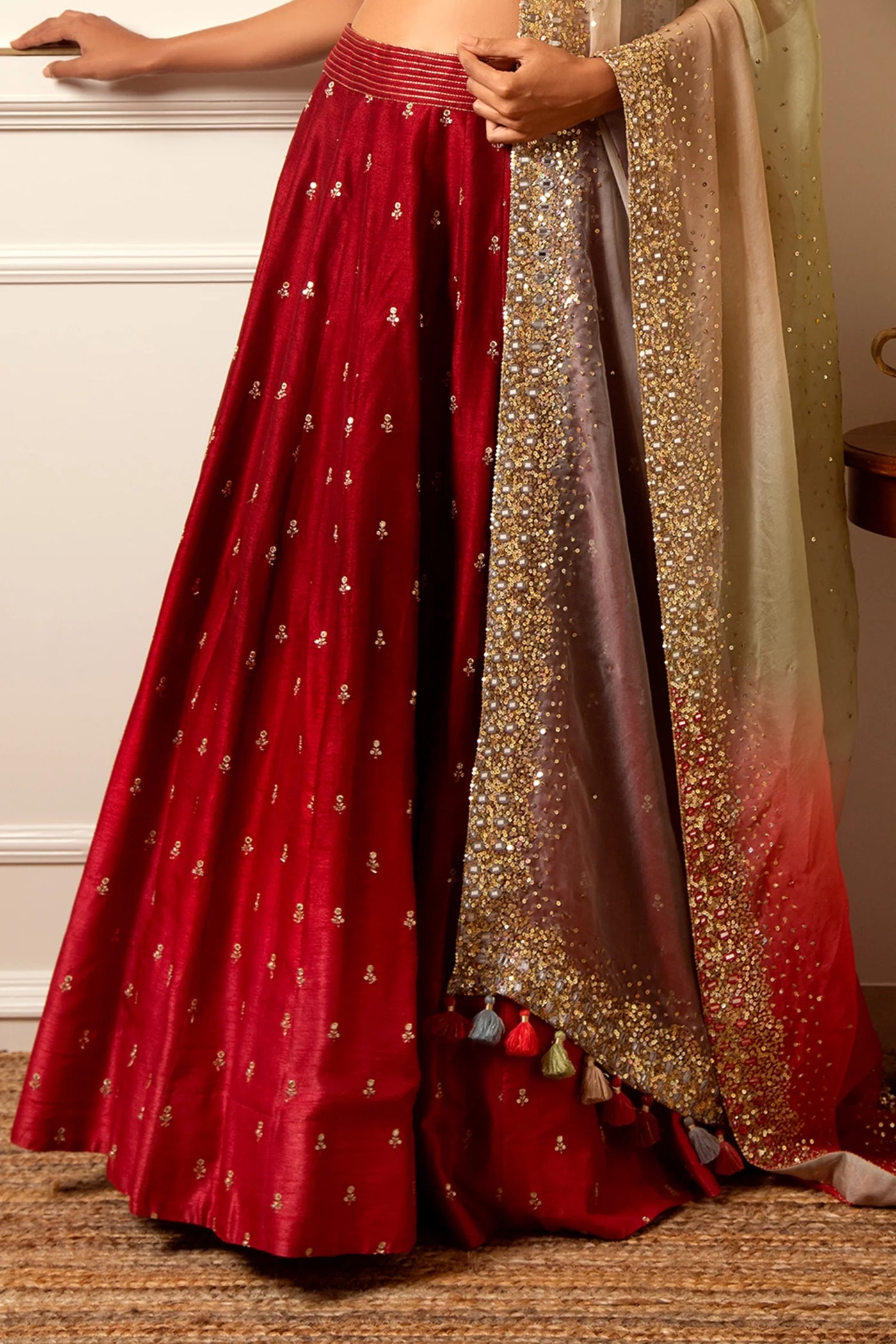 Red Chanderi Lehenga Set - Indian Clothing in Denver, CO, Aurora, CO, Boulder, CO, Fort Collins, CO, Colorado Springs, CO, Parker, CO, Highlands Ranch, CO, Cherry Creek, CO, Centennial, CO, and Longmont, CO. Nationwide shipping USA - India Fashion X