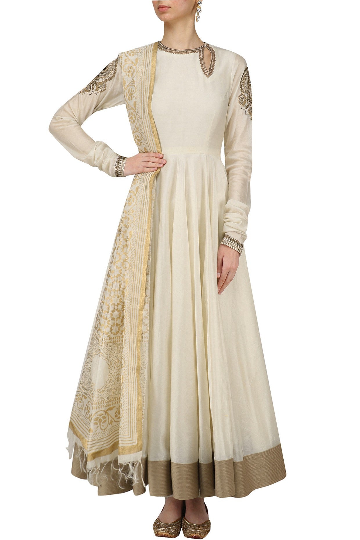 Off White and Gold Anarkali Set - Indian Clothing in Denver, CO, Aurora, CO, Boulder, CO, Fort Collins, CO, Colorado Springs, CO, Parker, CO, Highlands Ranch, CO, Cherry Creek, CO, Centennial, CO, and Longmont, CO. Nationwide shipping USA - India Fashion X