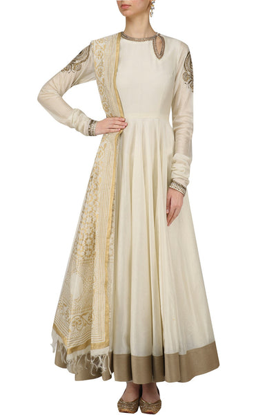 Off White and Gold Anarkali Set - Indian Clothing in Denver, CO, Aurora, CO, Boulder, CO, Fort Collins, CO, Colorado Springs, CO, Parker, CO, Highlands Ranch, CO, Cherry Creek, CO, Centennial, CO, and Longmont, CO. Nationwide shipping USA - India Fashion X